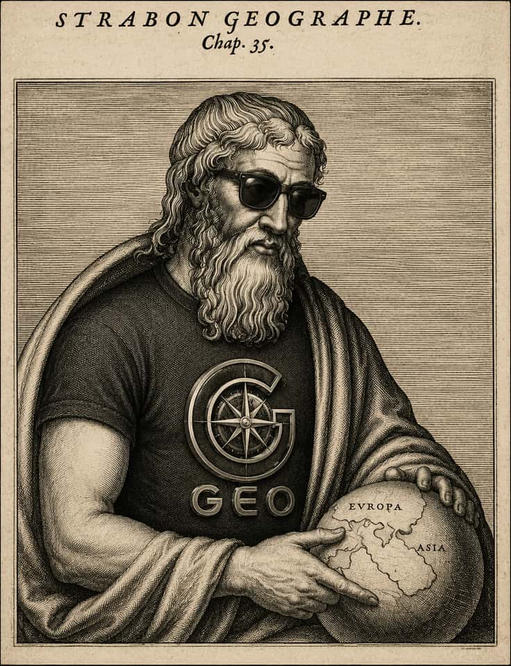 Strabo, the geographer, in a classic engraving style, wearing sunglasses and a GEO t-shirt, holding a globe